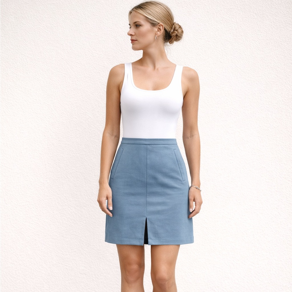 J.Crew Blue Pencil Skirt High Waist Front Slit Workwear Minimalist Chic Size 2